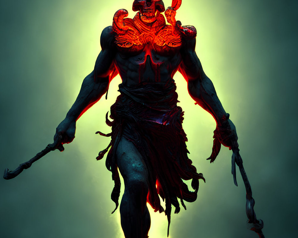 Skeletal figure in red armor with glowing eyes and staff