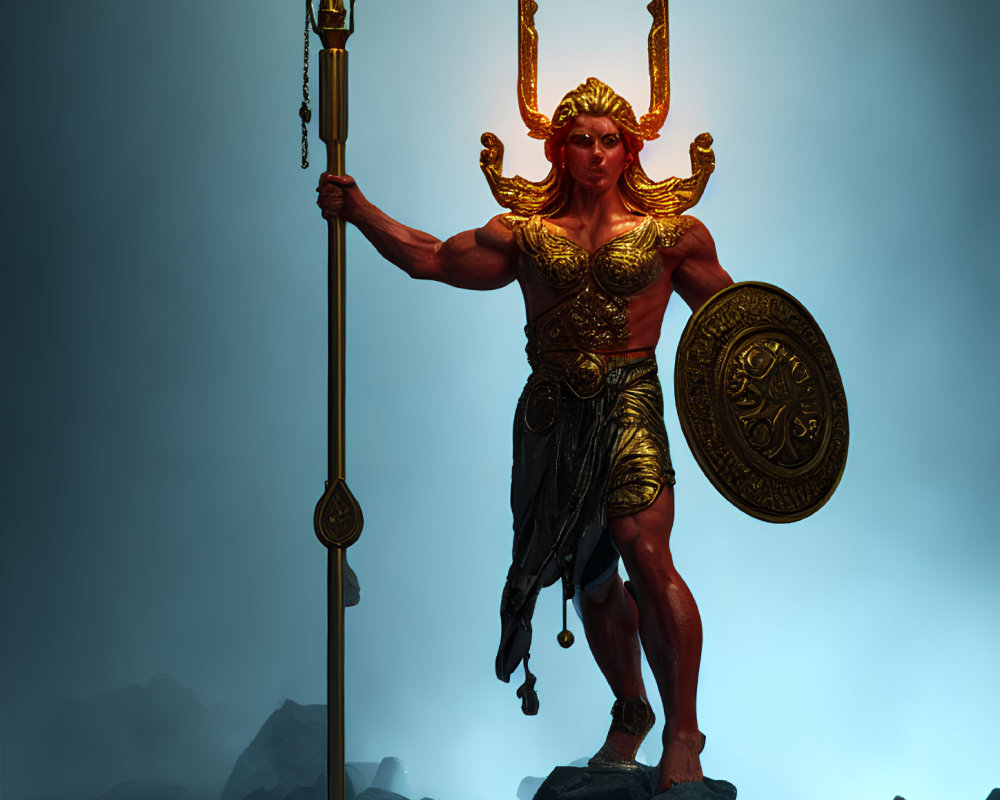 Muscular figure in golden armor with spear and shield on rocky backdrop.