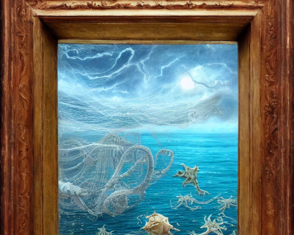 Framed artwork of underwater scene with jellyfish and starfish under stormy sky