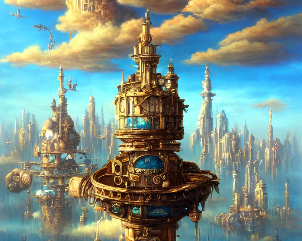 Majestic cityscape with ornate towers in golden clouds