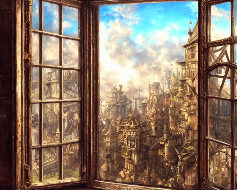 Fantastical cityscape through old wooden window