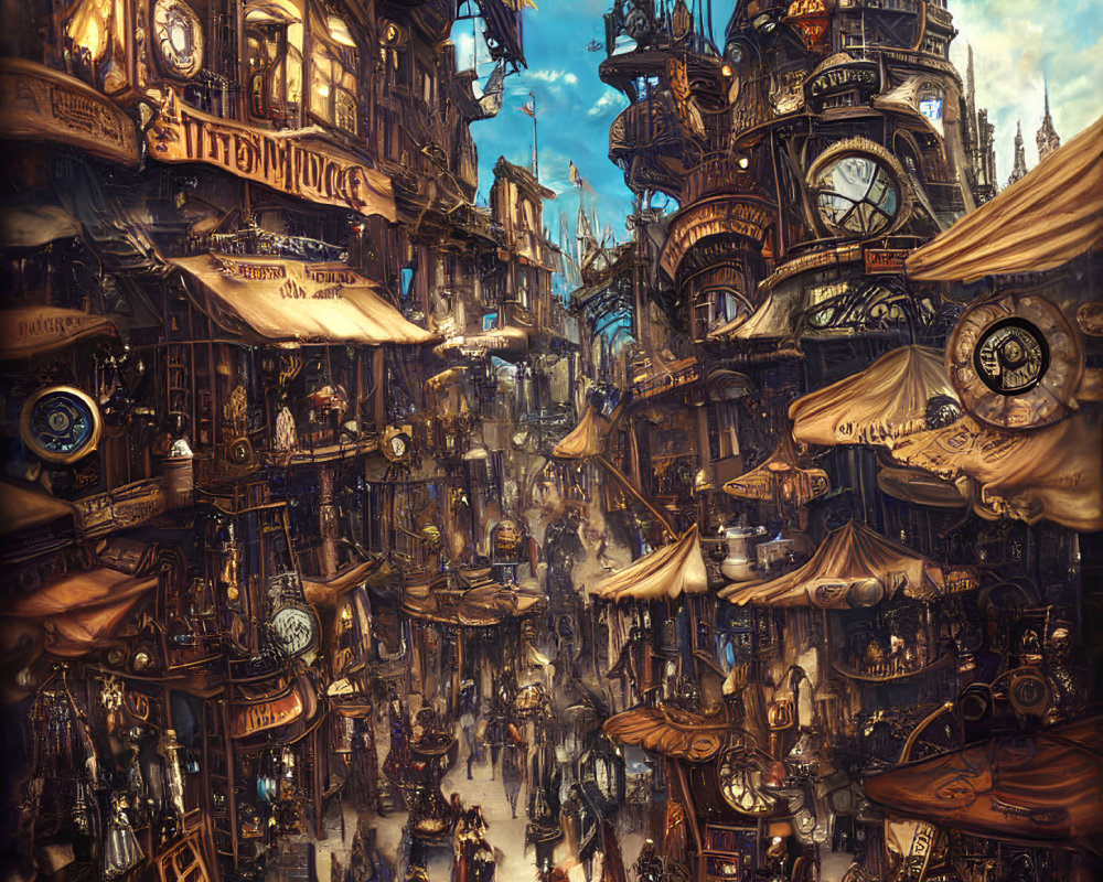 Steampunk cityscape with intricate buildings, cogs, gears, and Victorian-clad citizens.