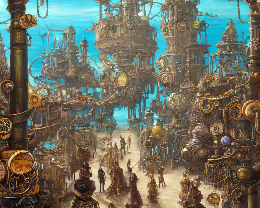 Detailed Steampunk Cityscape with Machinery, Gears, and Citizens