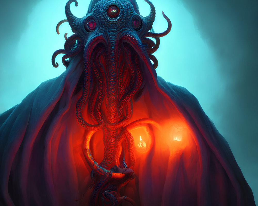 Blue-eyed creature with tentacle face and flaming heart art.