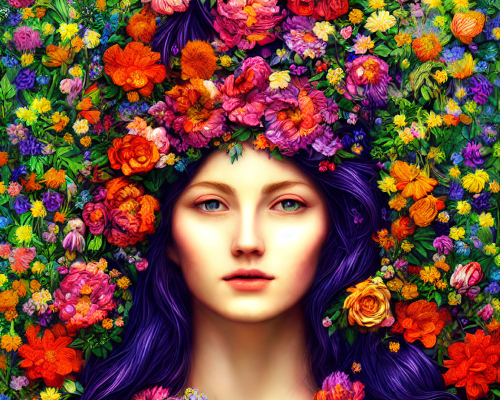 Vibrant purple-haired woman in colorful flower tapestry.