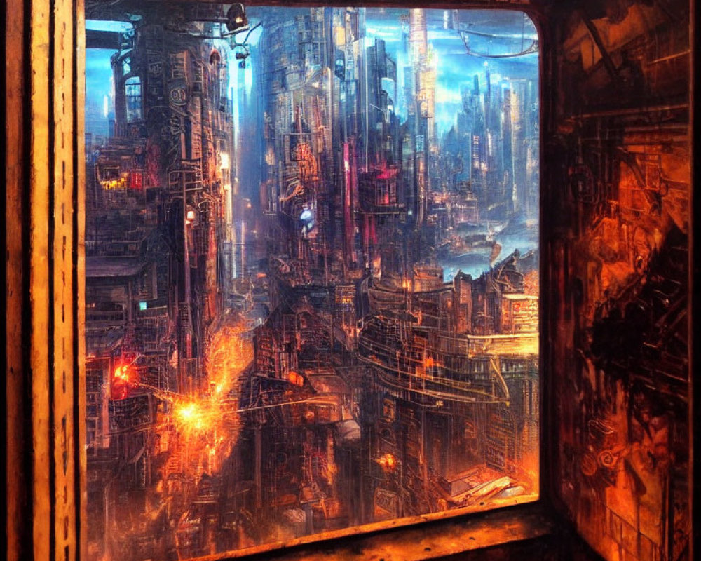 Futuristic sci-fi cityscape with neon lights viewed through a window