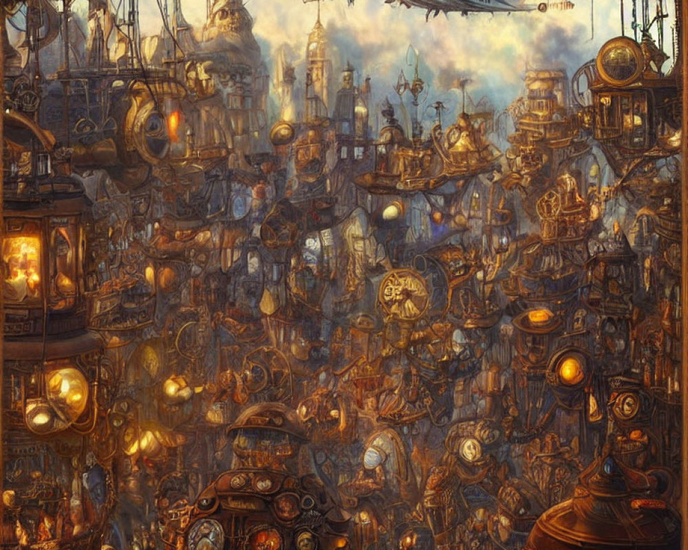 Densely Packed Steampunk Cityscape with Airships and Glowing Lights