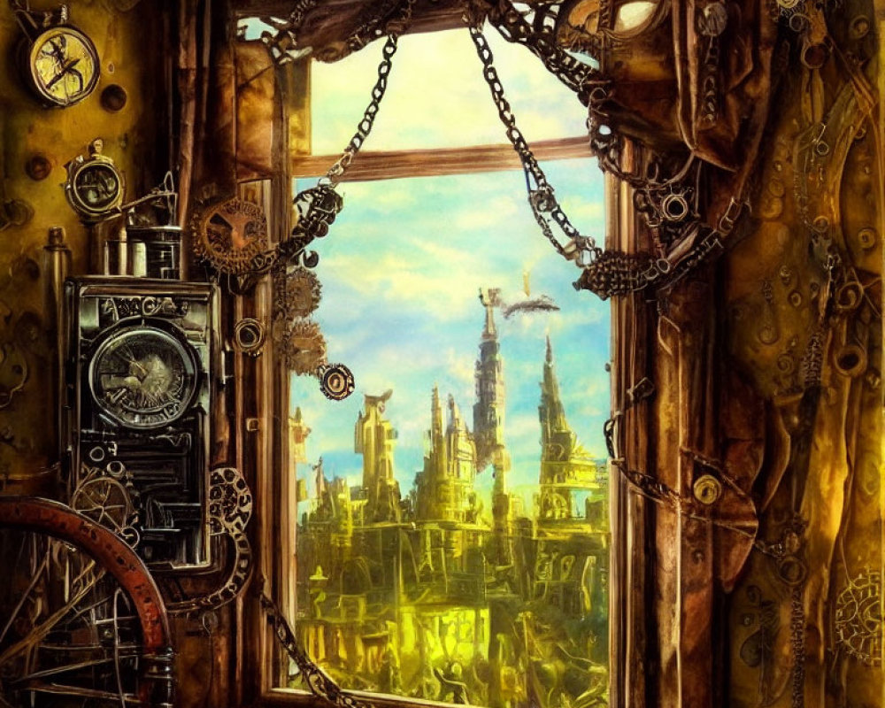 Steampunk-themed room with window overlooking fantastical cityscape