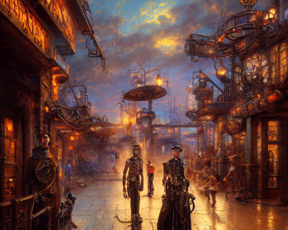 Steampunk cityscape at dusk with lanterns, flying vehicles, cobblestone streets, and