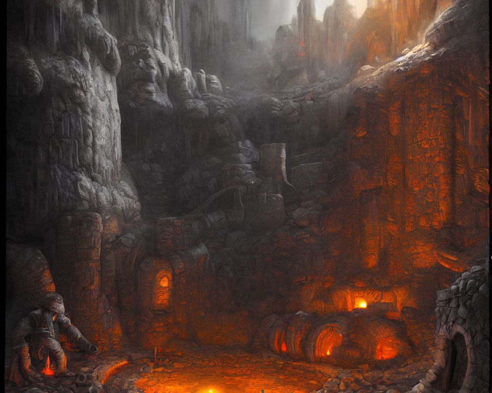 Ancient ruins, lava glow, sunlight in mystical underground scene