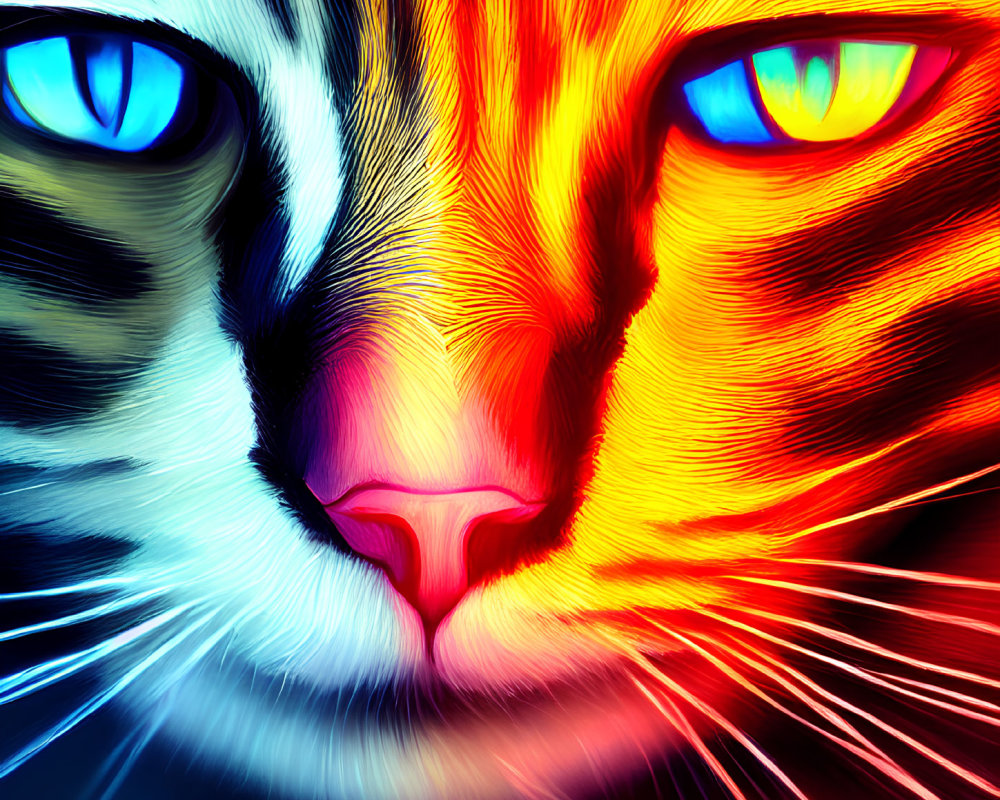 Split-face cat digital art with vibrant blue and orange hues