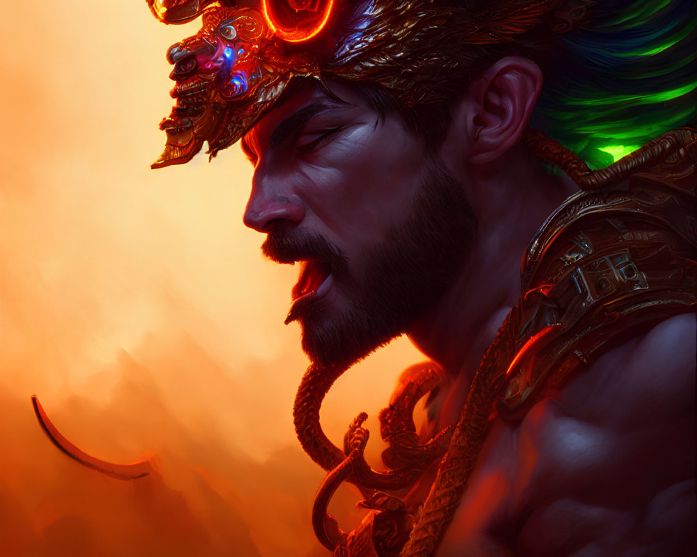 Detailed portrait of a man in dragon-themed headdress against fiery backdrop