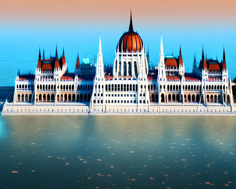 Grand Gothic Revival Parliament Building Along River with Boats in Clear Sky