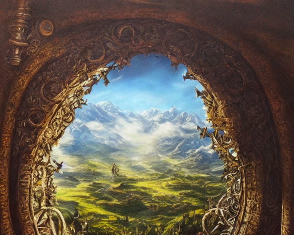 Circular Frame Reveals Fantasy Landscape with Mountains and Figures