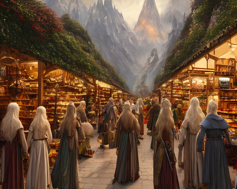 Fantasy Market with Robed Figures and Mountain Backdrop