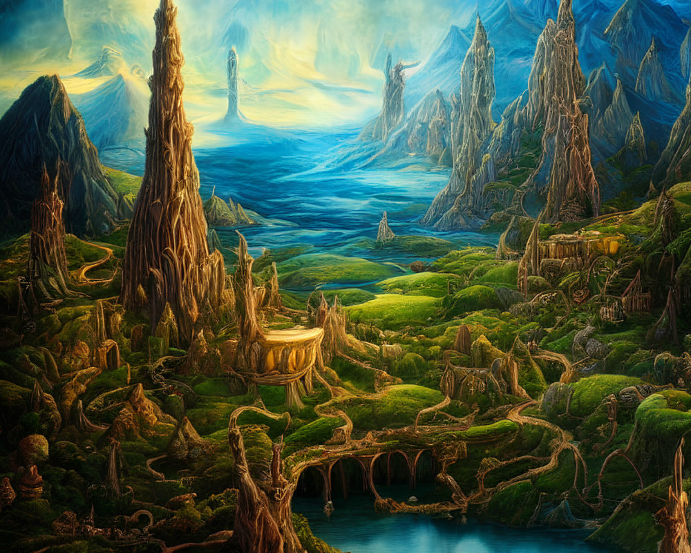 Fantastical landscape with towering spires and glowing light