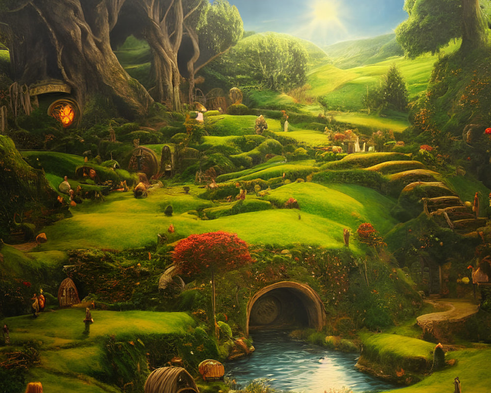 Lush Green Hobbit Village with Round-Door Homes, Large Trees, Pond, and Residents