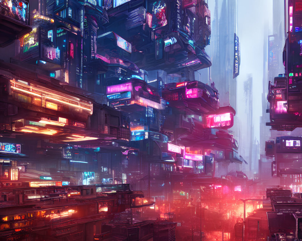 Detailed Cyberpunk Cityscape: Night Scene with Neon Signs, Skyscrapers, and Fog