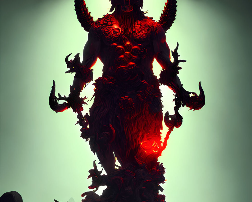 Sinister skeletal figure with horns and glowing red accents atop a mound