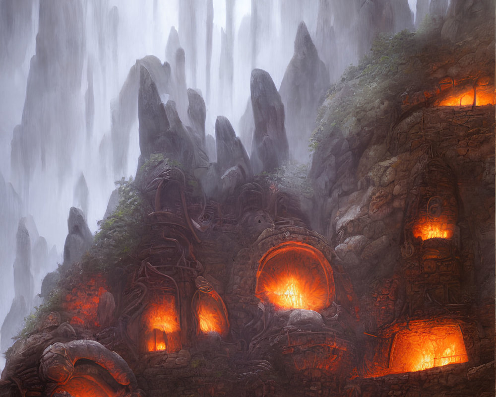 Mystical landscape with towering misty cliffs and glowing forges nestled in rocky outcroppings