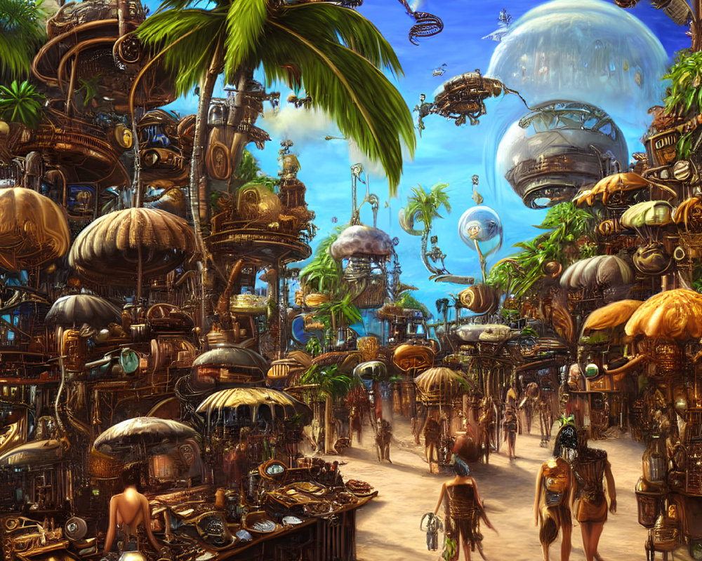 Steampunk marketplace with floating orbs, tropical trees, intricate machinery, and diverse attire.