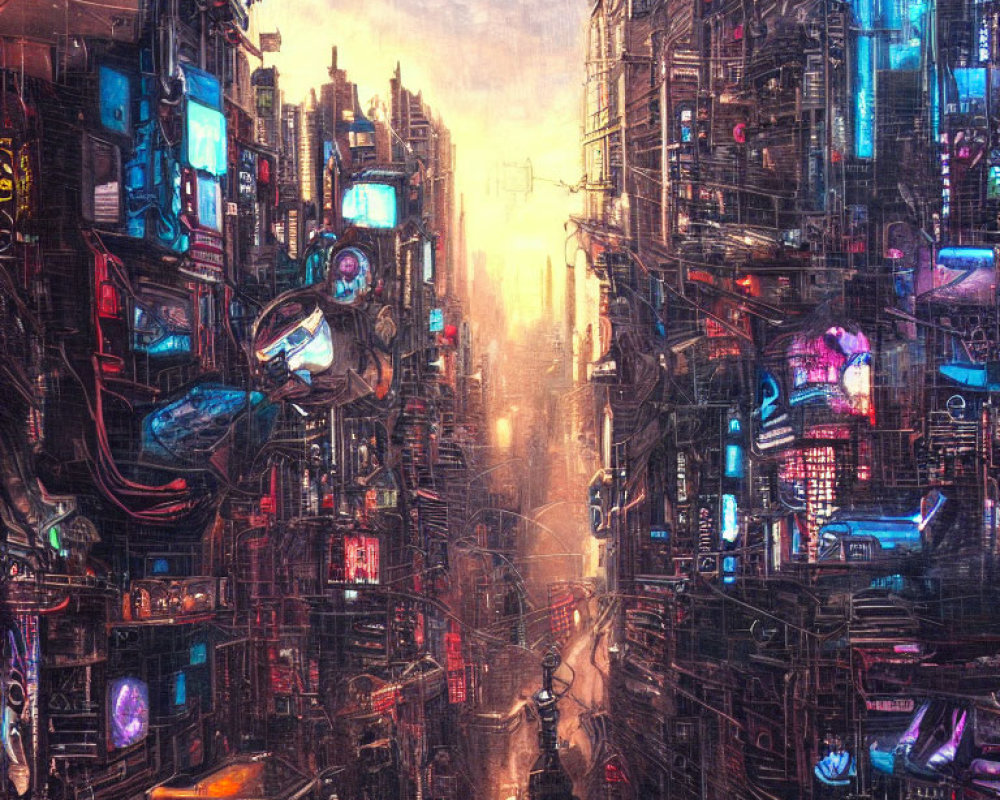 Futuristic cityscape with neon signs and flying car at sunset