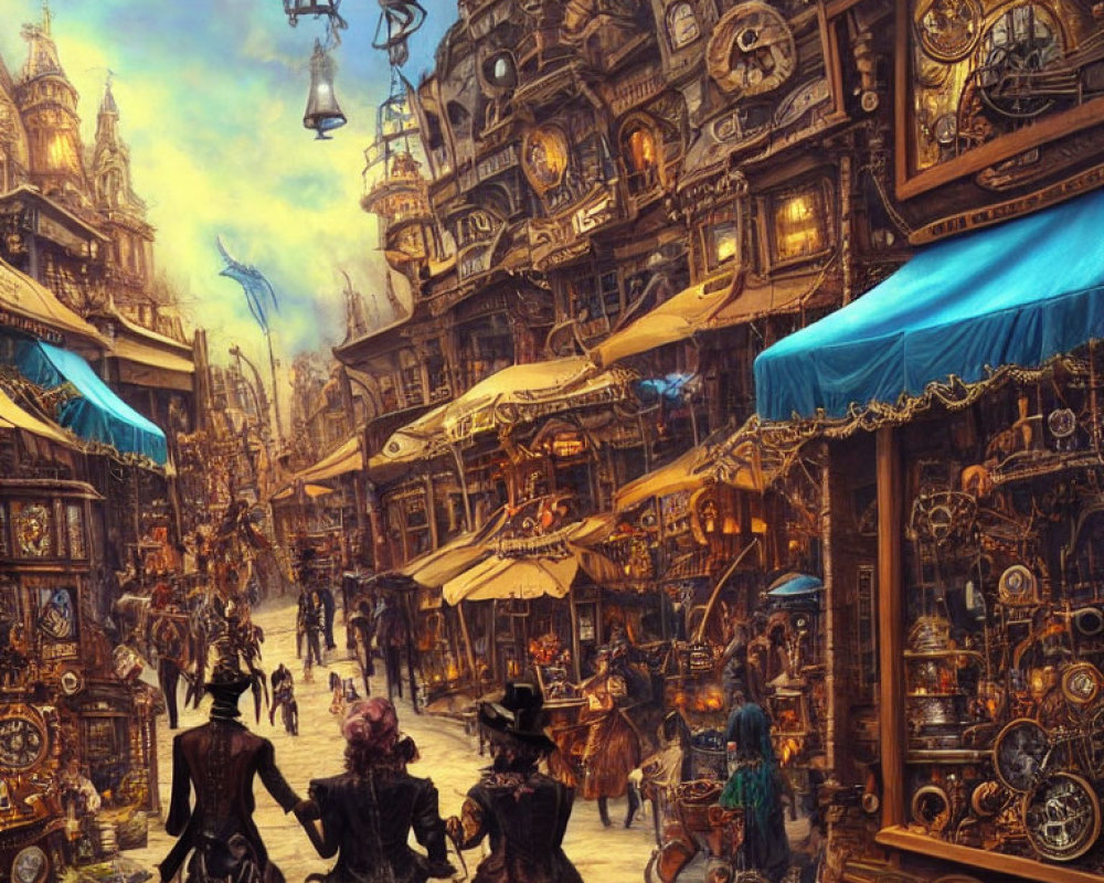 Steampunk market with ornate buildings and vintage attire