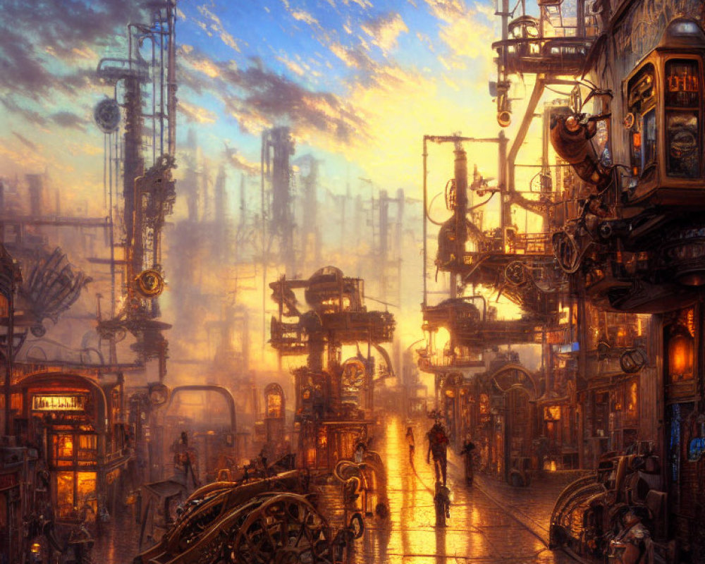 Steampunk cityscape at dusk: industrial structures, glowing lights, cobbled streets.