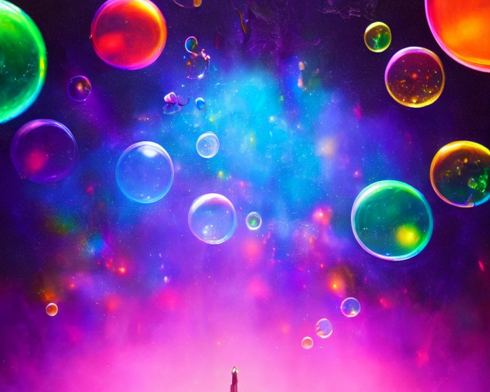 Vibrant cosmic sky with multicolored bubbles and gaseous swirls