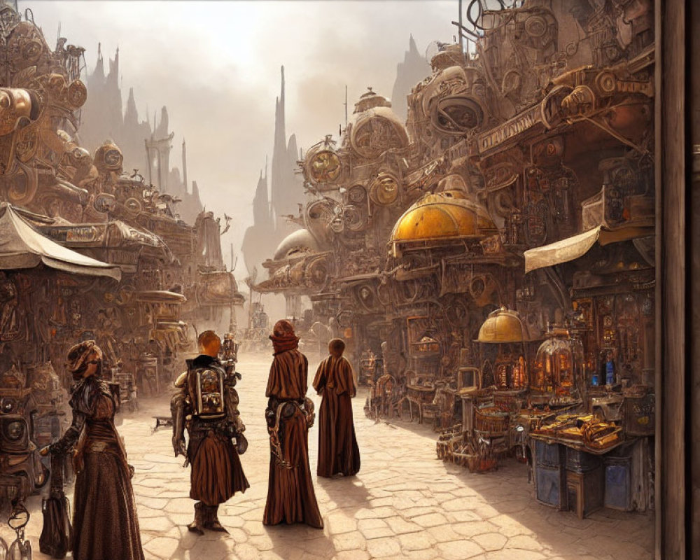 Historical Figures in Steampunk Cityscape with Gears