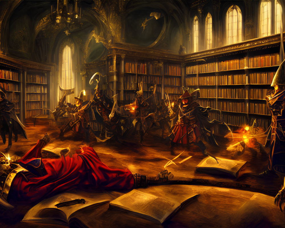 Armored knights in fantasy battle amid magical flames in grand library