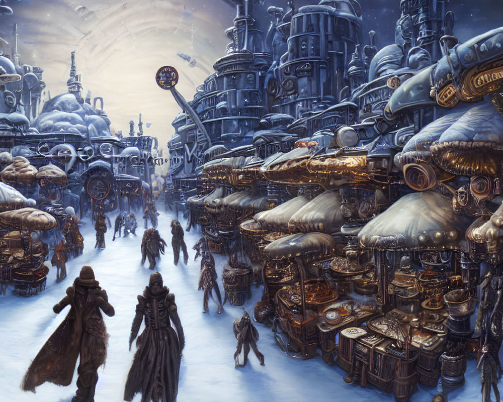 Snowy steampunk city market with vendors, pedestrians, and industrial structures at twilight