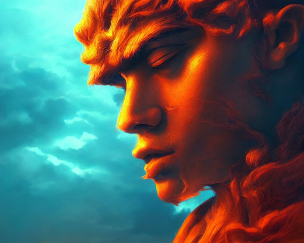 Digital artwork: Profile of person with fiery orange hair against vibrant sky