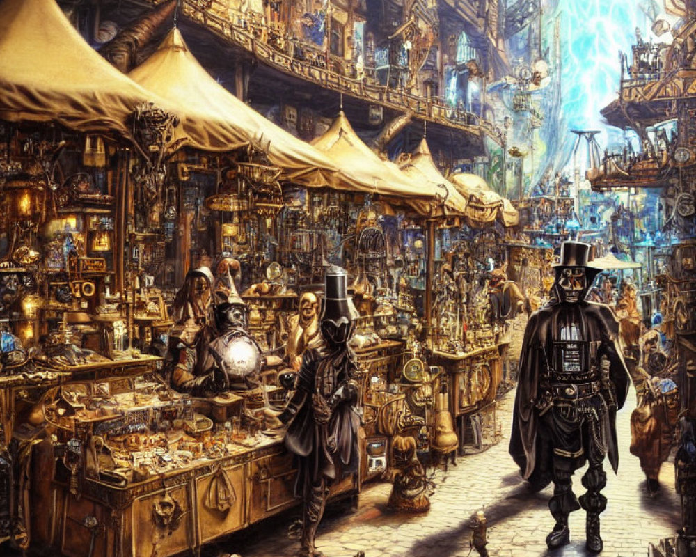 Steampunk marketplace with mechanical gadgets and Victorian-era patrons.