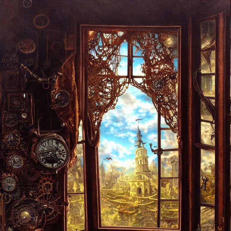 Fantastical painting: Ornate window with gears, whimsical town, towers, trees, bird