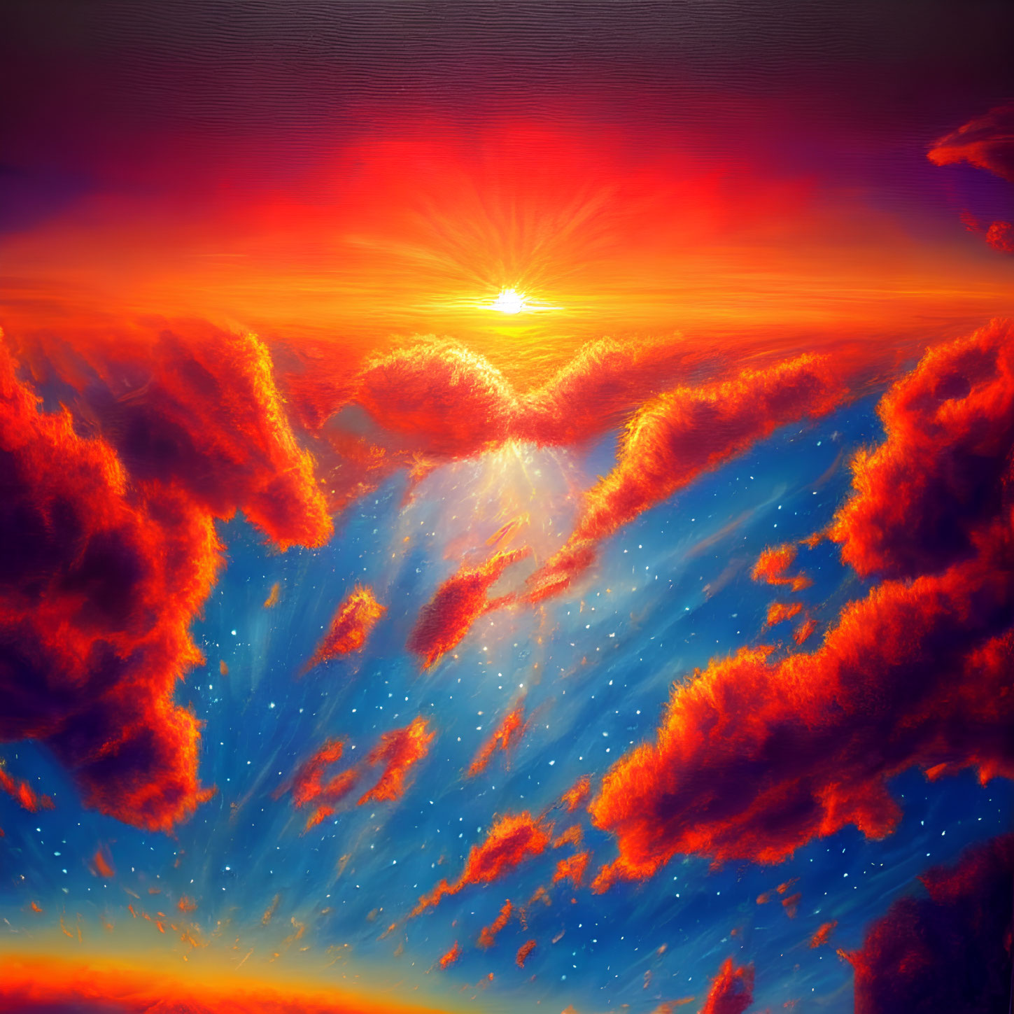 Vivid Sunset with Radiant Clouds and Sunbeams