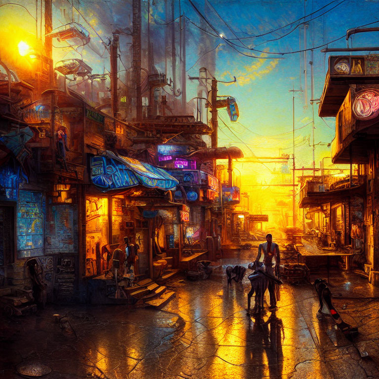 Bustling cyberpunk street with neon signs and pedestrians at sunset