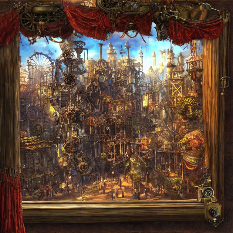 Detailed Steampunk Cityscape with Mechanical Structures and Ferris Wheels