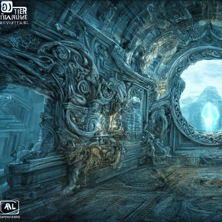 Ancient chamber with stone carvings and glowing blue orb in arched portal