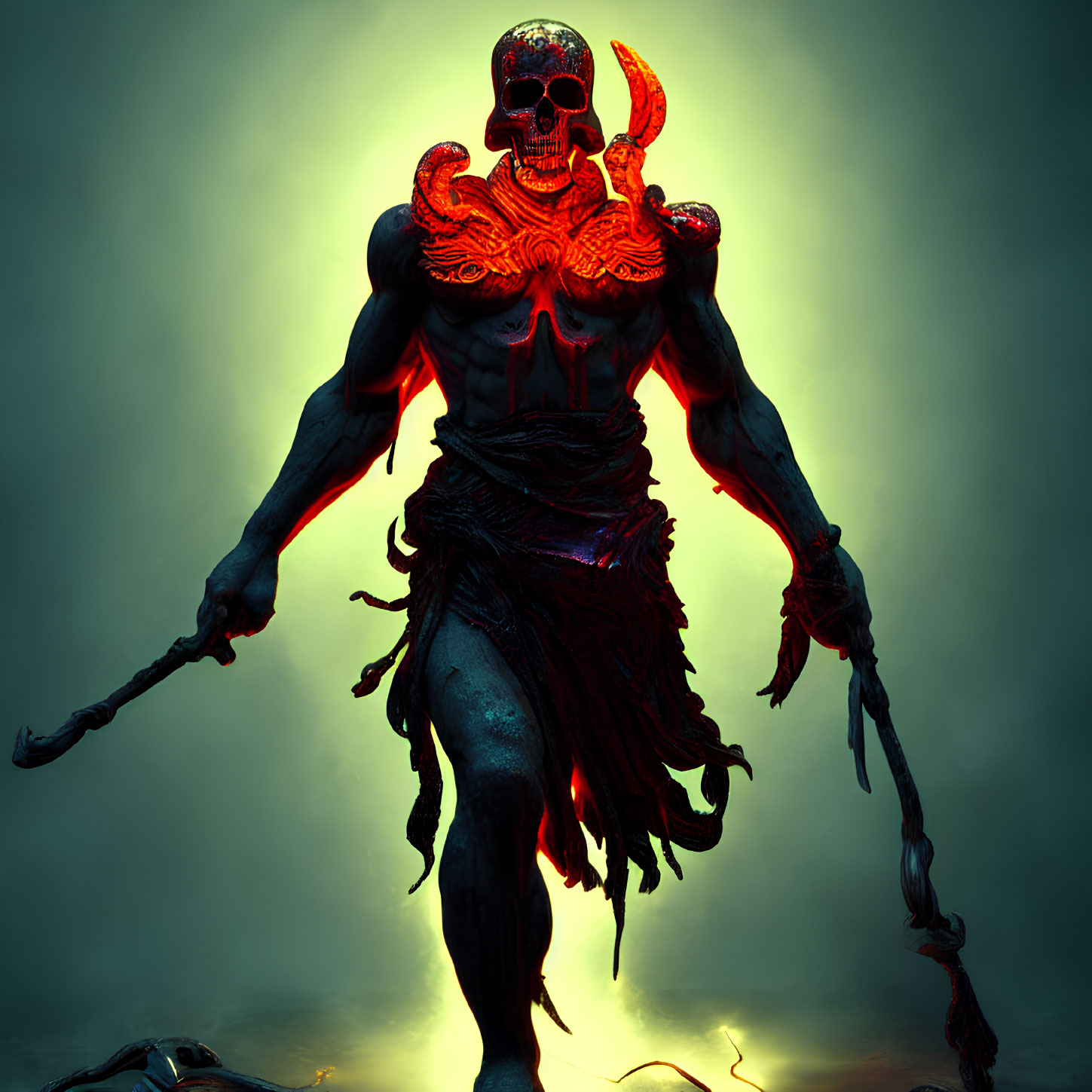 Skeletal figure in red armor with glowing eyes and staff