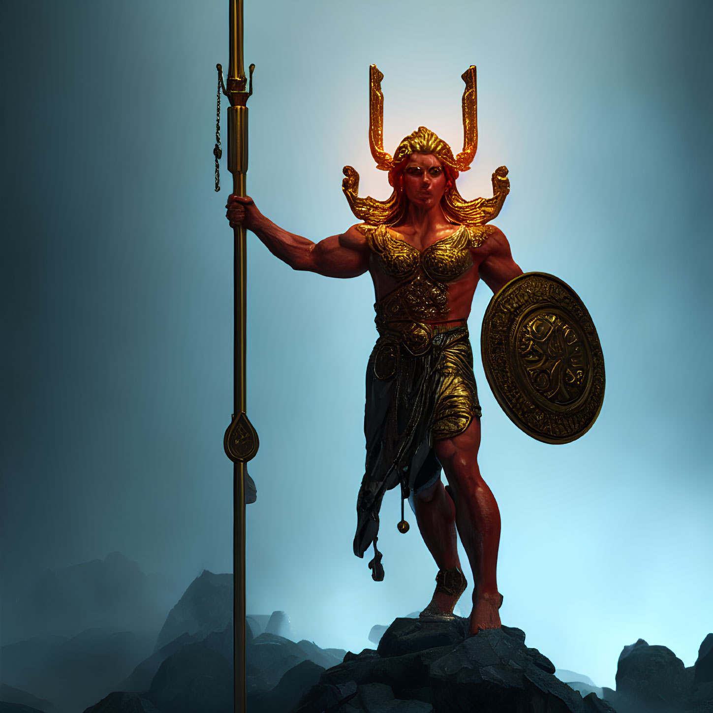 Muscular figure in golden armor with spear and shield on rocky backdrop.