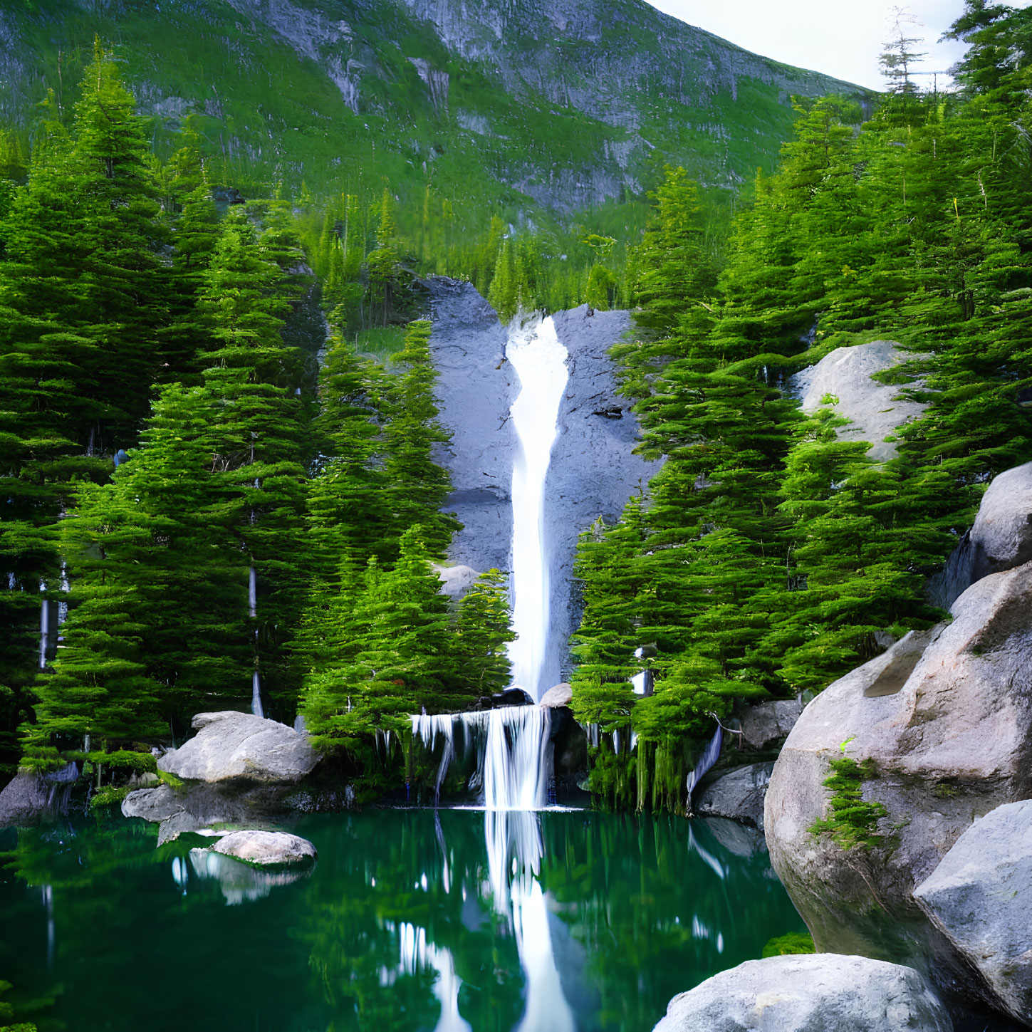 Tranquil waterfall surrounded by pine trees and rocks