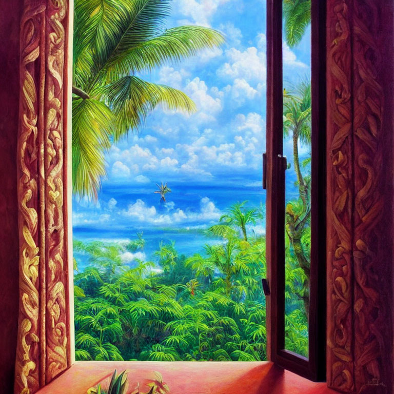 Colorful painting of open window with wooden shutters overlooking tropical landscape