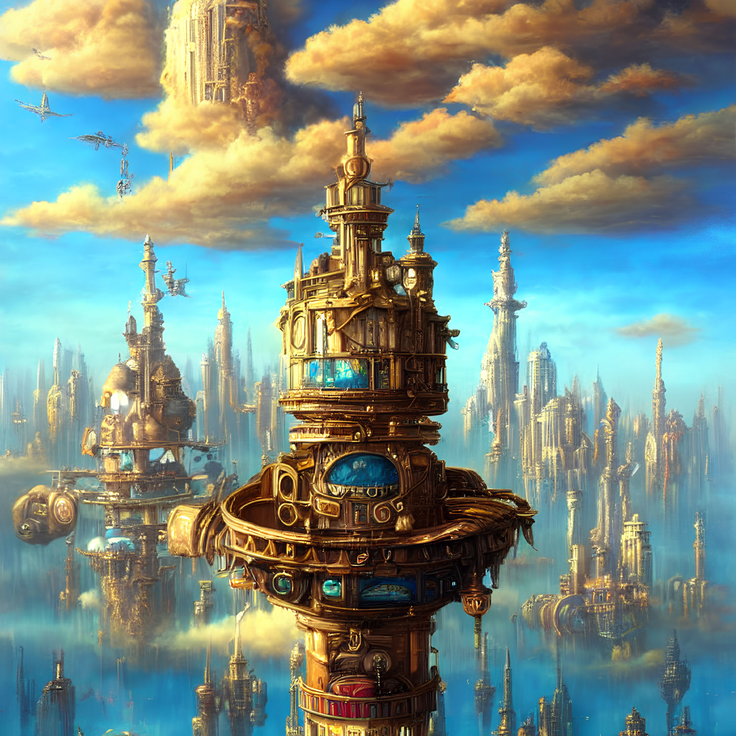 Majestic cityscape with ornate towers in golden clouds