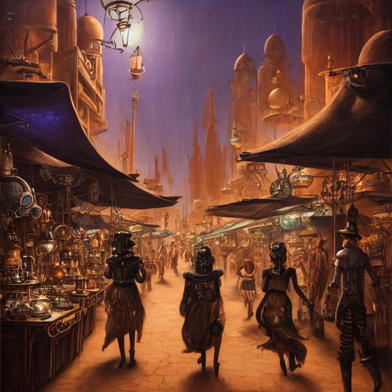 Steampunk marketplace with Victorian attire, brass gears, and towering spires