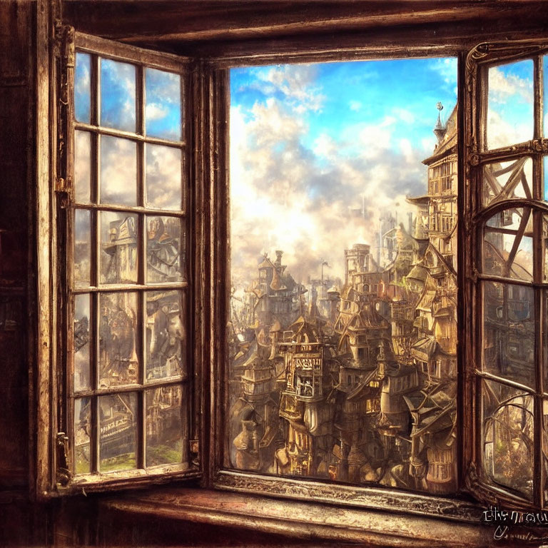 Fantastical cityscape through old wooden window