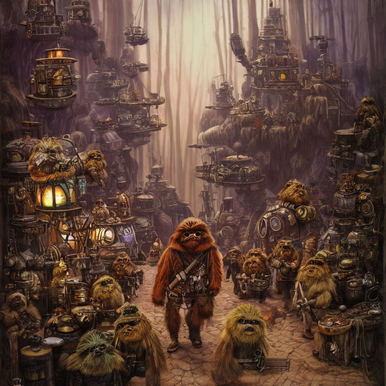 Wookiees in workshop with machinery, parts, lanterns, and central figure with staff