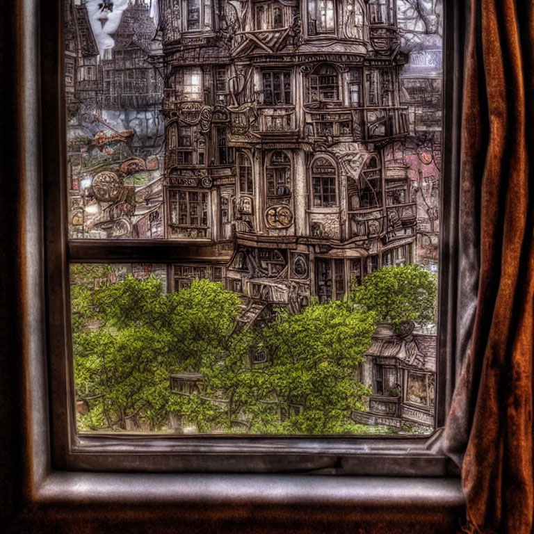 Surreal window view of intricate clock structure with greenery