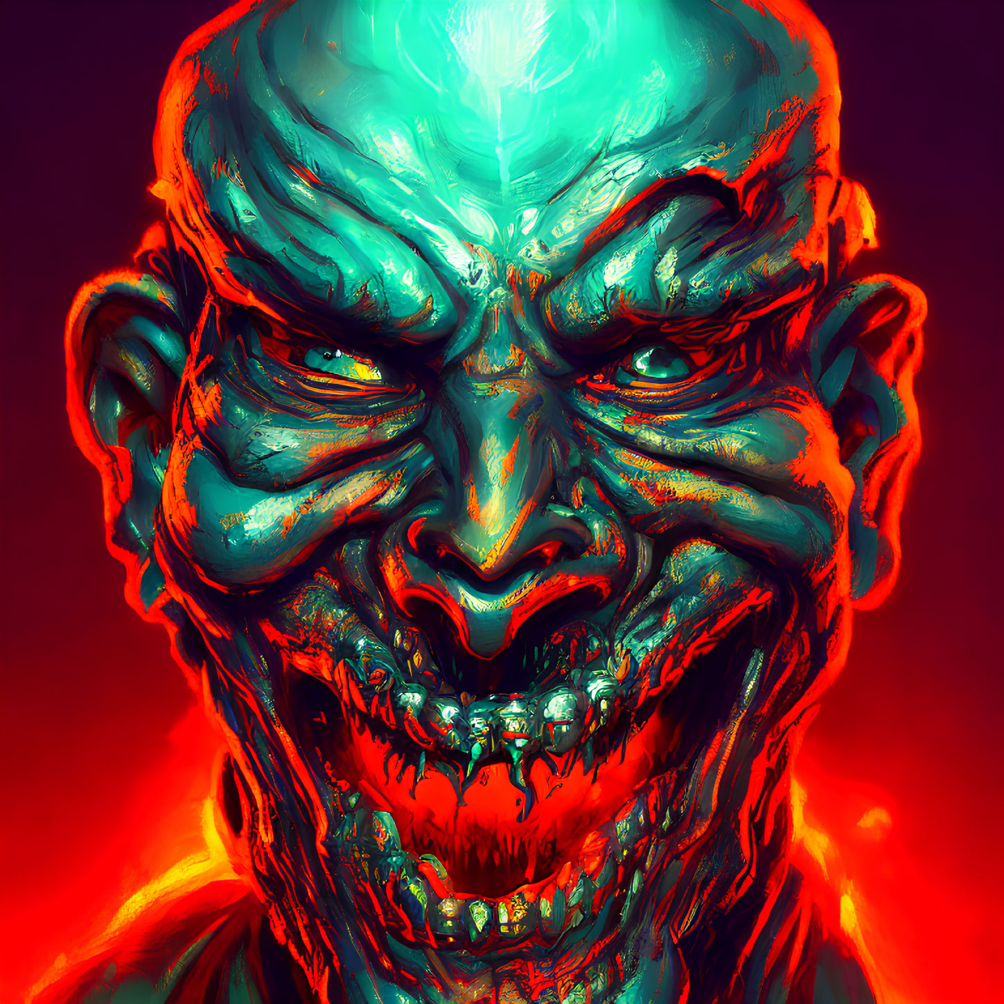 Menacing creature with sharp teeth in vivid digital art