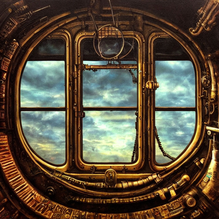 Circular brass-framed porthole with cloudy sky and machinery inside